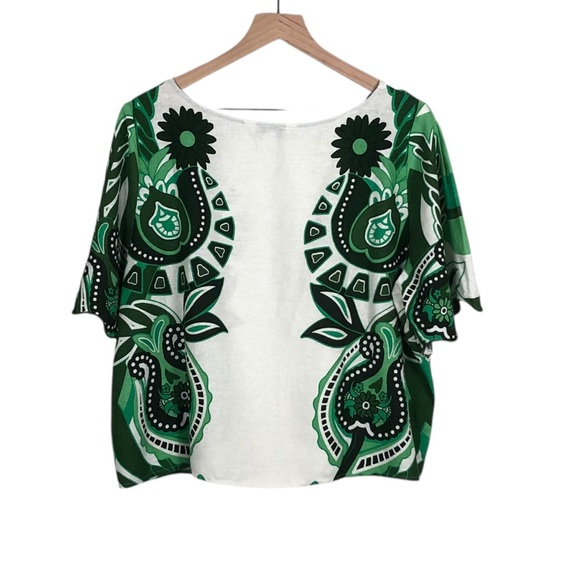 Calligraphie Linen Blend Top Pullover Scalloped Sleeve Green - Picture 2 of 6